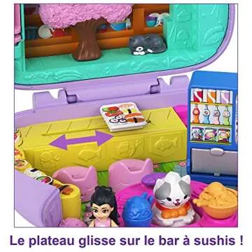 Polly Pocket Compact Playset, Sushi Shop Cat with 2 Micro Dolls & Accessories, Travel Toys with Surprise Reveals