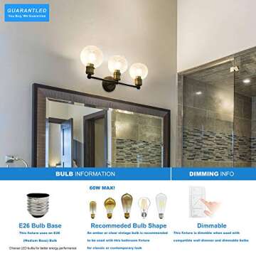 3 Light Bathroom Vanity Light Fixtures Over Mirror Wall Sconce, Matte Black Light Fixture with Oil Rubber Bronze Light Head for Vintage Farmhouse Lighting, Clear Glass Shade, Bulbs Not Included