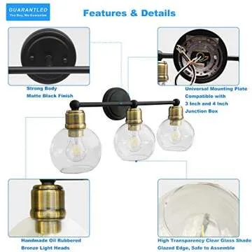 3 Light Bathroom Vanity Light Fixtures Over Mirror Wall Sconce, Matte Black Light Fixture with Oil Rubber Bronze Light Head for Vintage Farmhouse Lighting, Clear Glass Shade, Bulbs Not Included