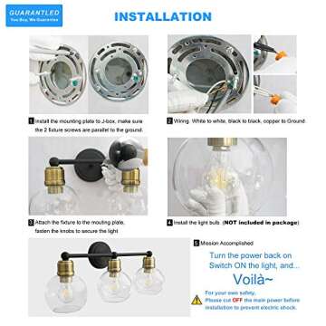 3 Light Bathroom Vanity Light Fixtures Over Mirror Wall Sconce, Matte Black Light Fixture with Oil Rubber Bronze Light Head for Vintage Farmhouse Lighting, Clear Glass Shade, Bulbs Not Included