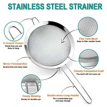 P&P CHEF Fine Mesh Strainer Set of 3, Stainless Steel Mesh Sieve Drink Food Strainer Flour Sifter with Long Handle, 3.25” & 5.6” & 8” Inches for Filtering Sifting Rinsing, Easy Clean & Durable