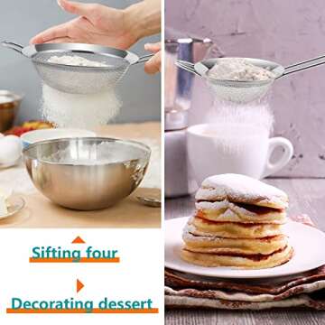 P&P CHEF Fine Mesh Strainer Set of 3, Stainless Steel Mesh Sieve Drink Food Strainer Flour Sifter with Long Handle, 3.25” & 5.6” & 8” Inches for Filtering Sifting Rinsing, Easy Clean & Durable