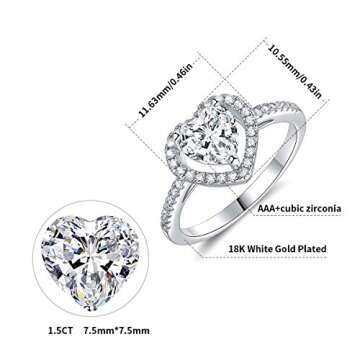 18K White Gold Plated Heart Cubic Zirconia Rings for Women Wedding Promise Engagement Size 7
