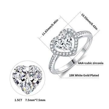 18K White Gold Plated Heart Cubic Zirconia Rings for Women Wedding Promise Engagement Size 7