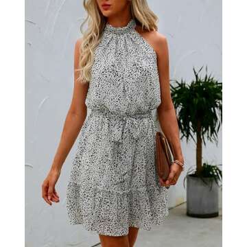 BTFBM Women 2025 Halter Neck Summer Dresses Casual Sleeveless Floral Polka Dot Print Ruffle Mini Boho Beach Sun Dress(Dot Apricot Black, Large)