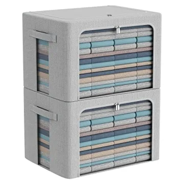 Clothes Storage Bins Box - Foldable Stackable Container Organizer Set with Clear Window & Carry Hand...
