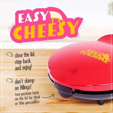 Taco Tuesday Deluxe 8-Inch 6-Wedge Electric Quesadilla Maker with Extra Stuffing Latch, Red