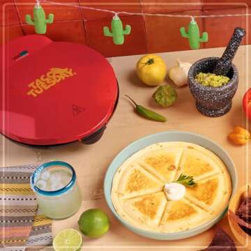 Taco Tuesday Deluxe 8-Inch 6-Wedge Electric Quesadilla Maker with Extra Stuffing Latch, Red