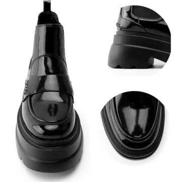 KaroNairy Platform Ankle Boots for Women Chelsea Boots Round Toe Chunky Heel Slip on Lug Sole Short Boots Black 6