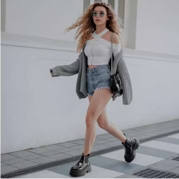 KaroNairy Platform Ankle Boots for Women Chelsea Boots Round Toe Chunky Heel Slip on Lug Sole Short Boots Black 6