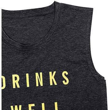 Drinks Well with Others Muscle Tank Tops Womens Funny Drinking Alcohol Sleeveless Letter Printed Graphic Tee Shirt Tops (L, Gray1)