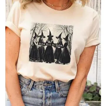 LANMERTREE Basic Witch Halloween T Shirt Women Girls Will Be Girls Vintage Halloween Witch Shirt Casual Funny Halloween Party Shirt (L, Girls-Beige), Large