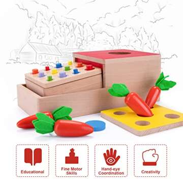 Montessori Toys for 1 Year Old, 4 in 1 Wooden Toys for Baby Boy Girl, Object Permanence Box, Color&Shape Sorting Learning Matching Game, Carrot Harvest, Preschool Educational Gifts for Toddler