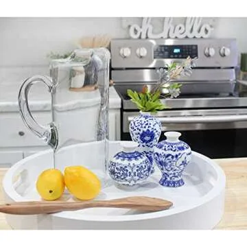 AuldHome Blue and White Porcelain Vases Set of 3, Mini Decorative Bud Vases for Farmhouse, Cottagecore, and Vintage Decor