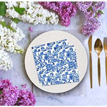 Elegant Blue Floral Cocktail Napkins - 100 Pack for Events