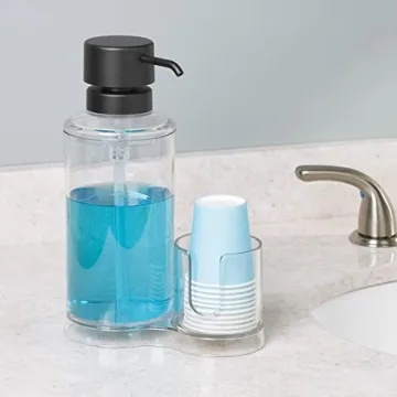 mDesign Mouthwash Dispenser with Cup Storage Organizer