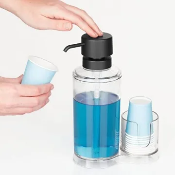 mDesign Mouthwash Dispenser with Cup Storage Organizer