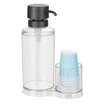 mDesign Mouthwash Dispenser with Cup Storage Organizer