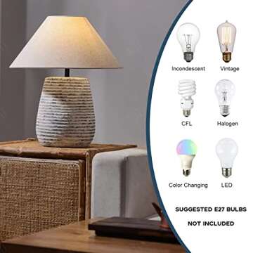 PURESILKS Farmhouse White Table Lamp, Modern Handmade Ceramic Table Lamp, Southwest Rustic Table Lamp with Fabric Drum Shade Decor for Living Room Bedroom Bedside Nightstand