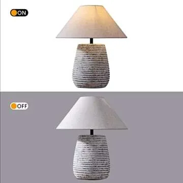 PURESILKS Farmhouse White Table Lamp, Modern Handmade Ceramic Table Lamp, Southwest Rustic Table Lamp with Fabric Drum Shade Decor for Living Room Bedroom Bedside Nightstand