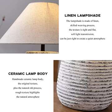 PURESILKS Farmhouse White Table Lamp, Modern Handmade Ceramic Table Lamp, Southwest Rustic Table Lamp with Fabric Drum Shade Decor for Living Room Bedroom Bedside Nightstand