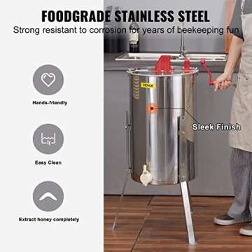 VEVOR 3 Frame Honey Extractor, Stainless Steel Manual Beekeeping Extraction, Honeycomb Drum Spinner with Transparent Lid, Apiary Centrifuge Equipment with Height Adjustable Stand