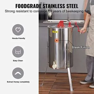 VEVOR 3 Frame Honey Extractor, Stainless Steel Manual Beekeeping Extraction, Honeycomb Drum Spinner with Transparent Lid, Apiary Centrifuge Equipment with Height Adjustable Stand