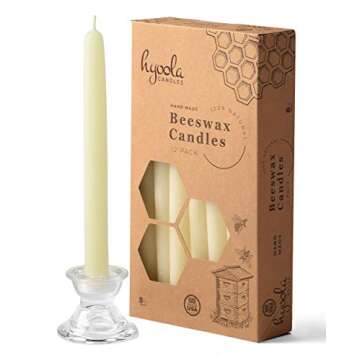 8" Beeswax Taper Candles 12 Pack - Handmade, All Natural, 100% Pure Unscented Bee Wax Candle - Tall, Decorative, White - 8 Hour Burn Time