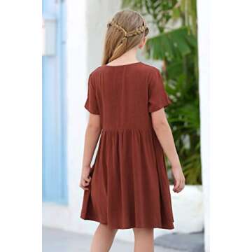 GORLYA Girl's Short Sleeve Button Up Pleated Waist Loose Casual Linen Midi Dress with Pockets for 4-...
