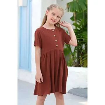 GORLYA Girl's Short Sleeve Button Up Pleated Waist Loose Casual Linen Midi Dress with Pockets for 4-12 Years Kids (GOR1007, 7-8Y, Brown Color)