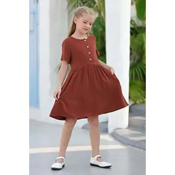 GORLYA Girl's Short Sleeve Button Up Pleated Waist Loose Casual Linen Midi Dress with Pockets for 4-12 Years Kids (GOR1007, 7-8Y, Brown Color)