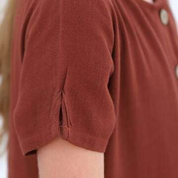GORLYA Girl's Short Sleeve Button Up Pleated Waist Loose Casual Linen Midi Dress with Pockets for 4-12 Years Kids (GOR1007, 7-8Y, Brown Color)
