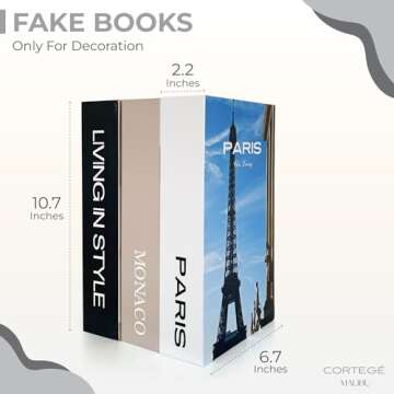 Cortegé Malibu Set of 3 Faux Books - Faux Book Decor for Coffee Table - Decorative Book Boxes for Home, Office - Fake Book Box Set with Monaco, Paris, Living in Style Titles - Chic Table Decorations