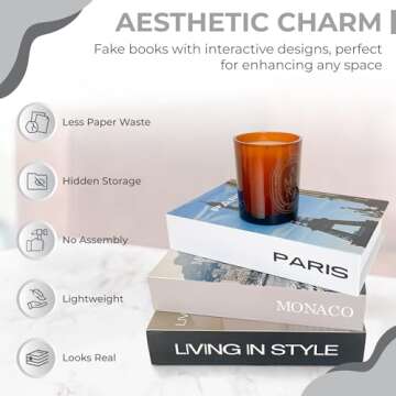 Cortegé Malibu Set of 3 Faux Books - Faux Book Decor for Coffee Table - Decorative Book Boxes for Home, Office - Fake Book Box Set with Monaco, Paris, Living in Style Titles - Chic Table Decorations