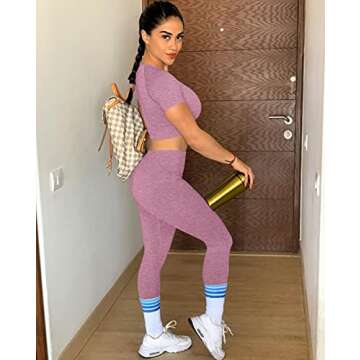 OYS Womens Yoga 2 Pieces Workout Outfits Seamless High Waist Leggings Sports Crop Top Running Clothes Sets