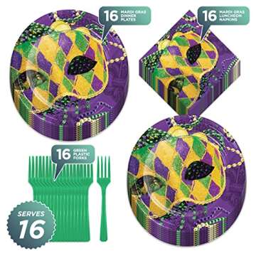 Masks of Mardi Gras Paper Dinner Plates, Napkins, and Forks (Serves 16)