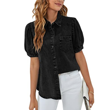 BMJL Womens Denim Shirt Business Casual Button Down Work Blouses Puff Sleeve Summer Tops