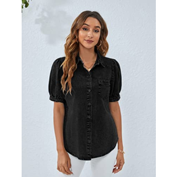 BMJL Womens Denim Shirt Business Casual Button Down Work Blouses Puff Sleeve Summer Tops