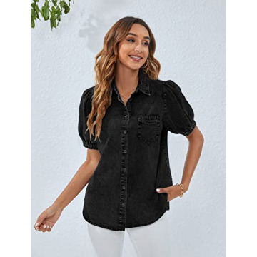 BMJL Womens Denim Shirt Business Casual Button Down Work Blouses Puff Sleeve Summer Tops