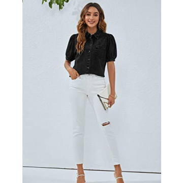 BMJL Womens Denim Shirt Business Casual Button Down Work Blouses Puff Sleeve Summer Tops