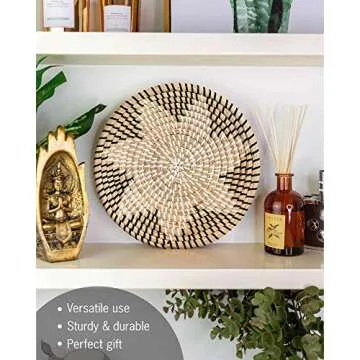 Handmade Woven Wall Basket Decor | Boho Home Decor | Round Woven Basket | Hanging Wall Decor for Home Bedroom, Kitchen, and Living Room | Decorative and Seagrass Bowl - Ebony