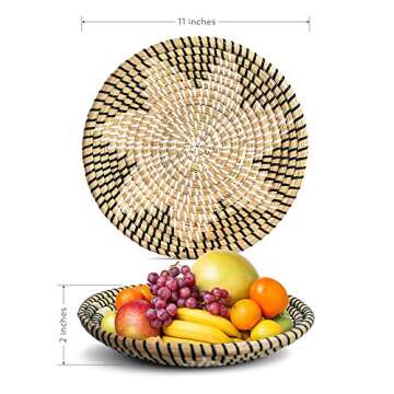 Handmade Woven Wall Basket Decor | Boho Home Decor | Round Woven Basket | Hanging Wall Decor for Home Bedroom, Kitchen, and Living Room | Decorative and Seagrass Bowl - Ebony