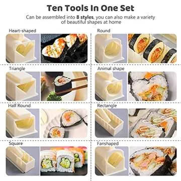 HI NINGER Sushi Making Kit- All In One Sushi Set 10 Piece Plastic Sushi Maker Tool with 8 Different Shapes of Sushi Rice Roll Mold Shapes Fork Spatula DIY home Sushi Tools- Off-white