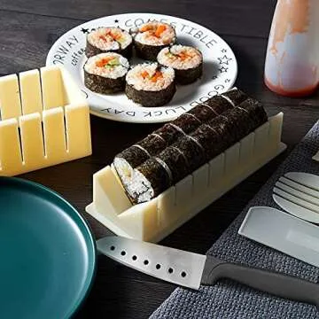 HI NINGER Sushi Making Kit- All In One Sushi Set 10 Piece Plastic Sushi Maker Tool with 8 Different Shapes of Sushi Rice Roll Mold Shapes Fork Spatula DIY home Sushi Tools- Off-white