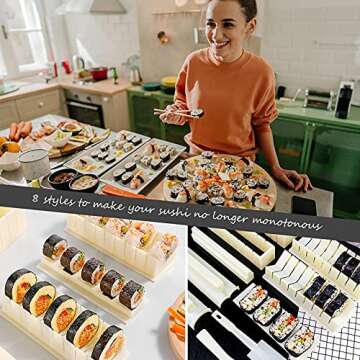HI NINGER Sushi Making Kit- All In One Sushi Set 10 Piece Plastic Sushi Maker Tool with 8 Different Shapes of Sushi Rice Roll Mold Shapes Fork Spatula DIY home Sushi Tools- Off-white