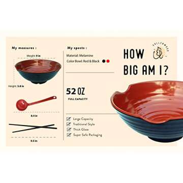 2 XL bowl set, 6 Pieces Ramen Bowl Set by Vallenwood. Asian Japanese soup with Spoons and Chopsticks. Restaurant Quality Melamine, Large 52 oz for Noodles, Pho, Udon, Thai, Chinese dinnerware.
