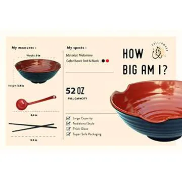 2 XL bowl set, 6 Pieces Ramen Bowl Set by Vallenwood. Asian Japanese soup with Spoons and Chopsticks. Restaurant Quality Melamine, Large 52 oz for Noodles, Pho, Udon, Thai, Chinese dinnerware.