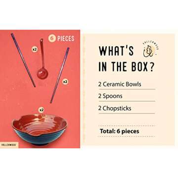 2 XL bowl set, 6 Pieces Ramen Bowl Set by Vallenwood. Asian Japanese soup with Spoons and Chopsticks. Restaurant Quality Melamine, Large 52 oz for Noodles, Pho, Udon, Thai, Chinese dinnerware.