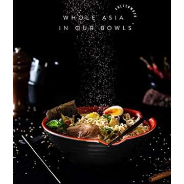 2 XL bowl set, 6 Pieces Ramen Bowl Set by Vallenwood. Asian Japanese soup with Spoons and Chopsticks. Restaurant Quality Melamine, Large 52 oz for Noodles, Pho, Udon, Thai, Chinese dinnerware.