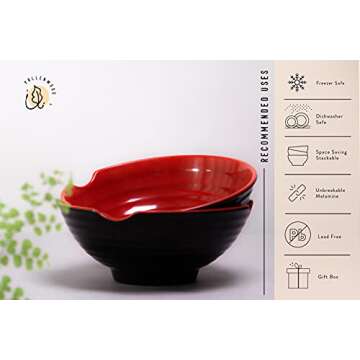 2 XL bowl set, 6 Pieces Ramen Bowl Set by Vallenwood. Asian Japanese soup with Spoons and Chopsticks. Restaurant Quality Melamine, Large 52 oz for Noodles, Pho, Udon, Thai, Chinese dinnerware.